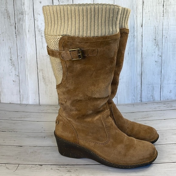 UGG Skyfall Chestnut Sweater Suede/Knit Cuff Tall Wedge Boots - Picture 1 of 14